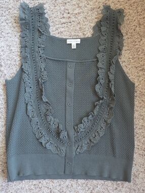 Women's Olive Green Ruffle Trim Knit Tank